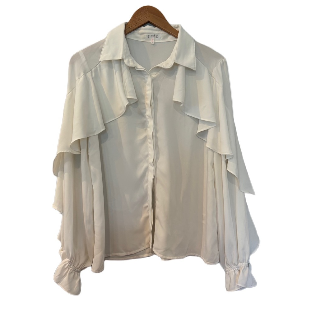 TCEC Cream Long Sleeve Ruffled Blouse Size Large